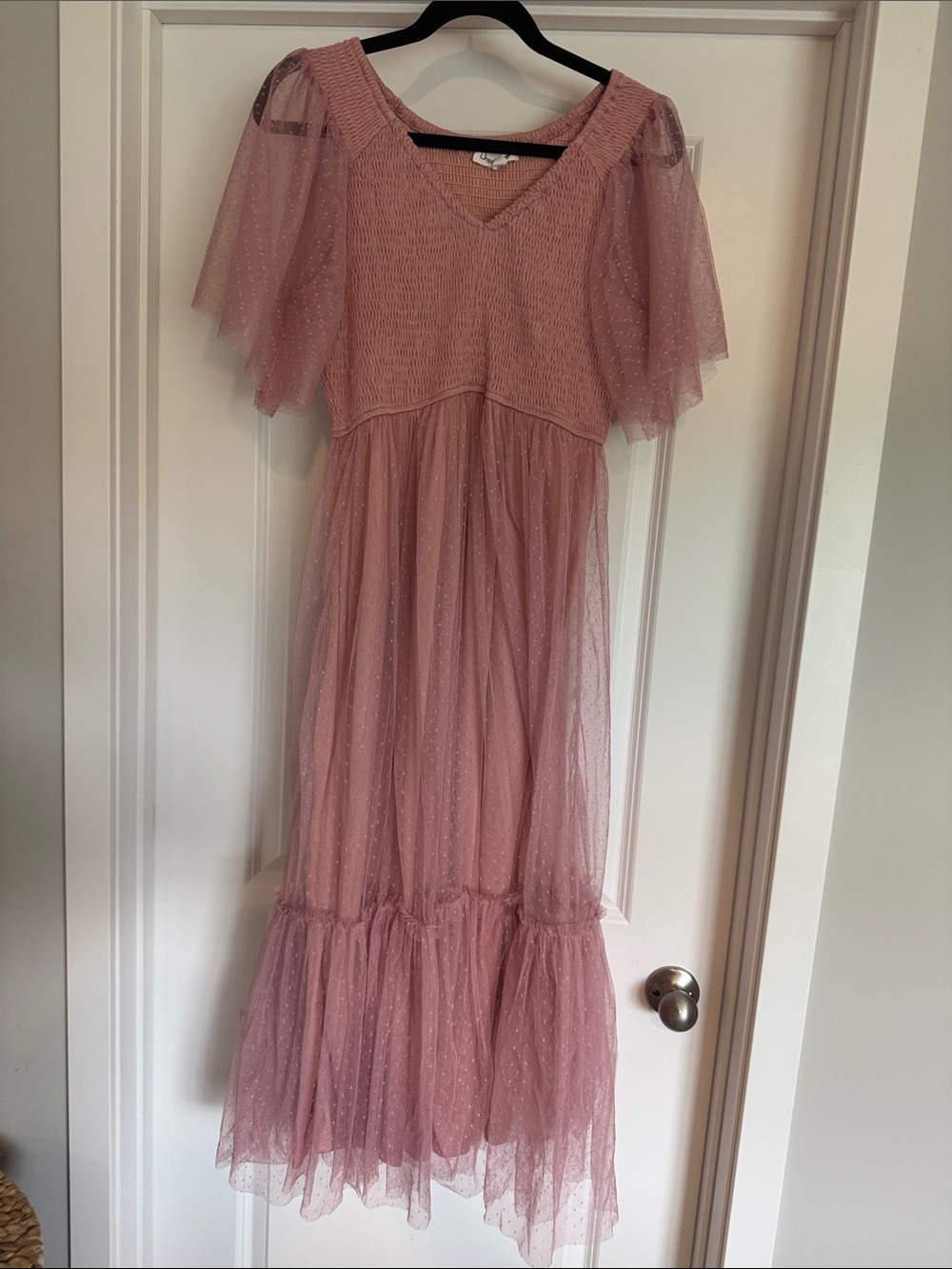 Romantic Dusty Rose Maxi Dress with Sheer Flutter Sleeves